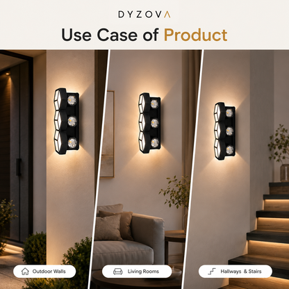 Geometric LED Wall Light | Matte Black Hexagon Sconce | 3×5W 3000K IP54 Indoor & Outdoor