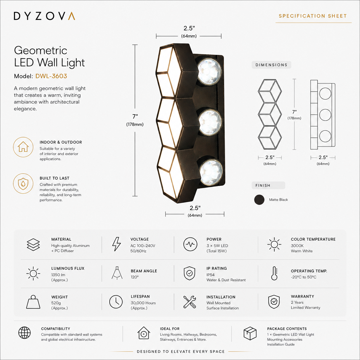 Geometric LED Wall Light | Matte Black Hexagon Sconce | 3×5W 3000K IP54 Indoor & Outdoor