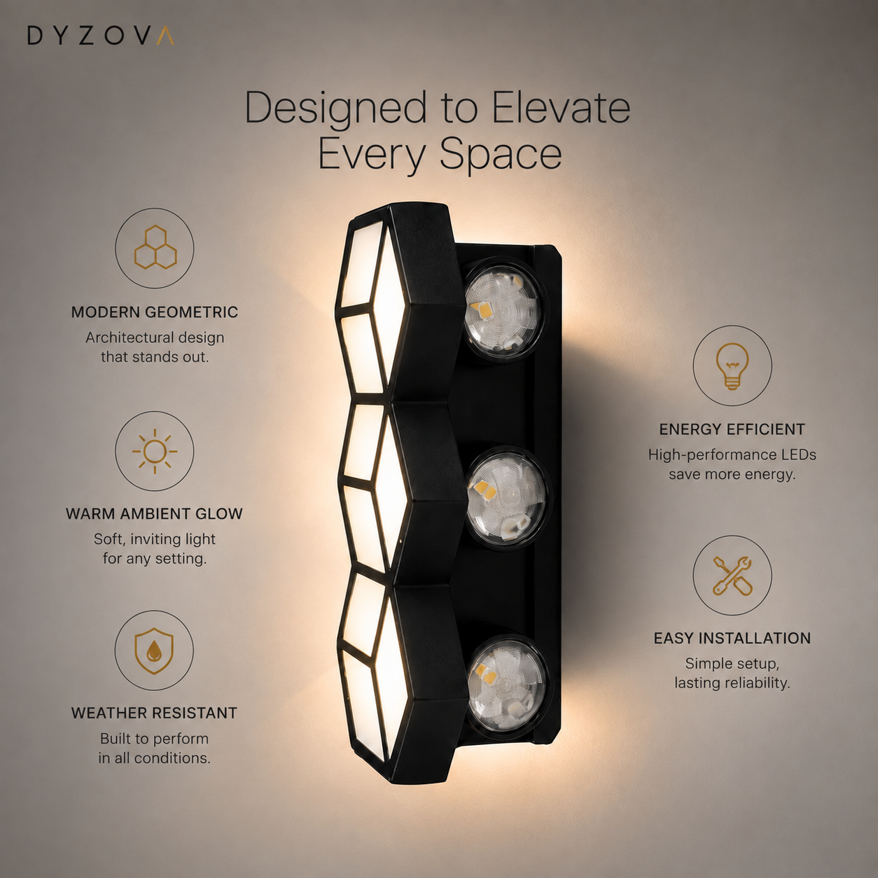 Geometric LED Wall Light | Matte Black Hexagon Sconce | 3×5W 3000K IP54 Indoor & Outdoor