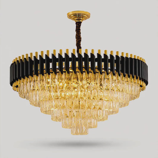 Luxury Multi-Tier Crystal Chandelier | Black & Gold Ceiling Light with Cascading Crystal Prisms
