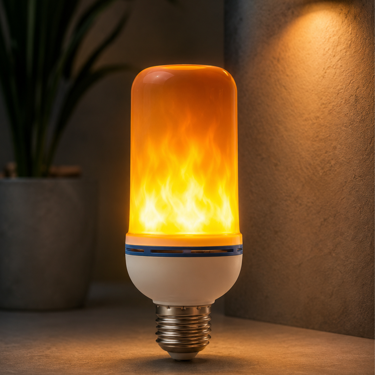 A flame-effect light bulb with a glowing orange and yellow faux flame design, mounted on a white and silver screw base, set against a warm, dimly lit background.