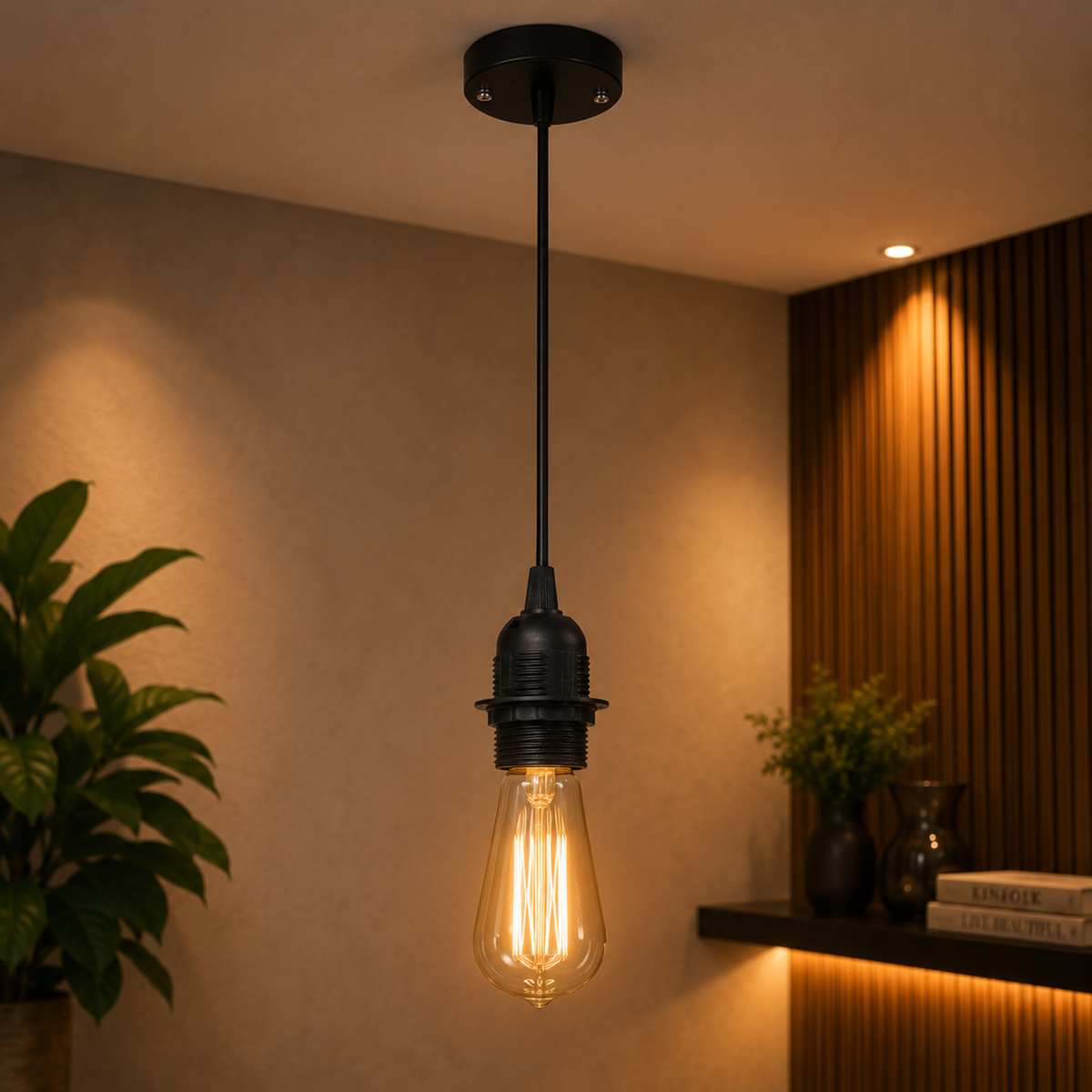 Vintage-style light bulb hanging from a black pendant fixture in a warm-lit room.