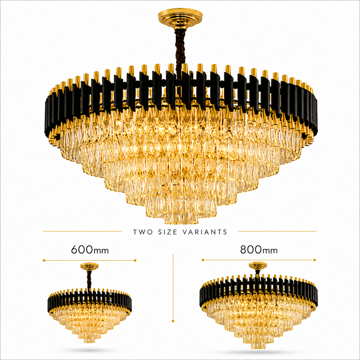 A large round chandelier shown on a white background with two smaller size variants labeled 600mm and 800mm. The main chandelier has a black and gold frame with clear crystal-like drops.