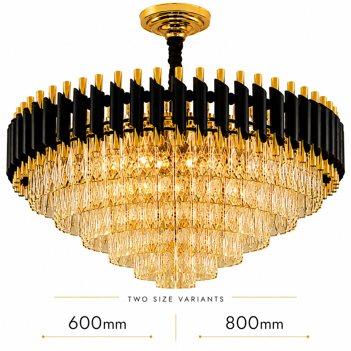 A large circular chandelier with a gold and black frame and clear crystal drops, shown against a white background with dimension labels indicating two size variants: 600mm and 800mm.