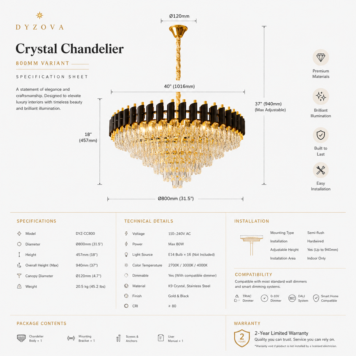 A detailed specification sheet for the Dzyoza Crystal Chandelier 800mm variant, showing the product dimensions, technical details, installation info, compatibility, and package contents on a light beige background.
