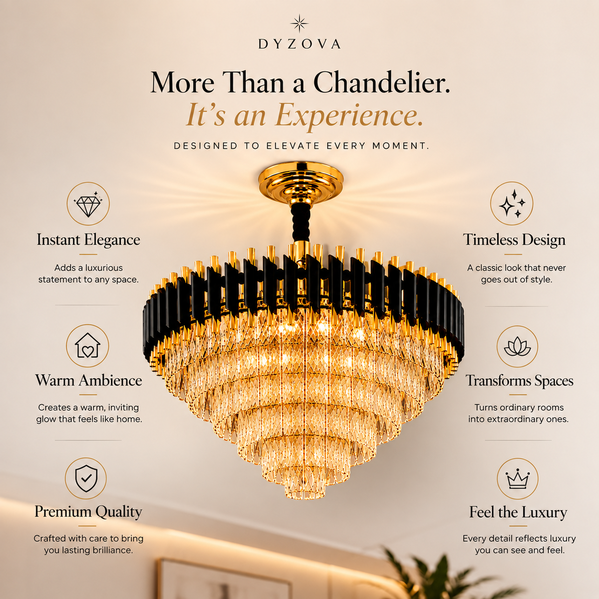 A luxury crystal chandelier by Dyzova, featuring a gold-toned frame, black cylindrical accents, and cascading clear crystal prisms, shown against a warm beige background with marketing text and icons.