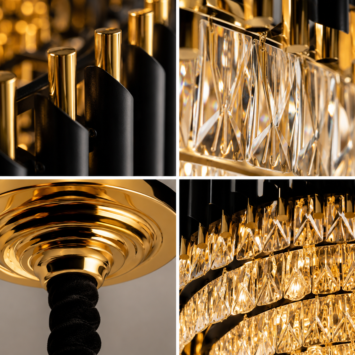 A luxury chandelier shown in a four-panel collage, highlighting its polished gold-finished metal structure, clear faceted crystal prisms, black velvet rope accents, and warm illuminated glow.