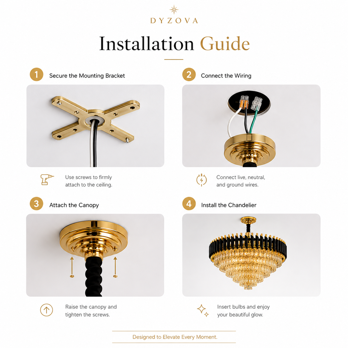 Installation guide diagram for a Dyzova ceiling light fixture, showing four numbered steps: securing the mounting bracket, connecting the wiring, attaching the canopy, and installing the chandelier.