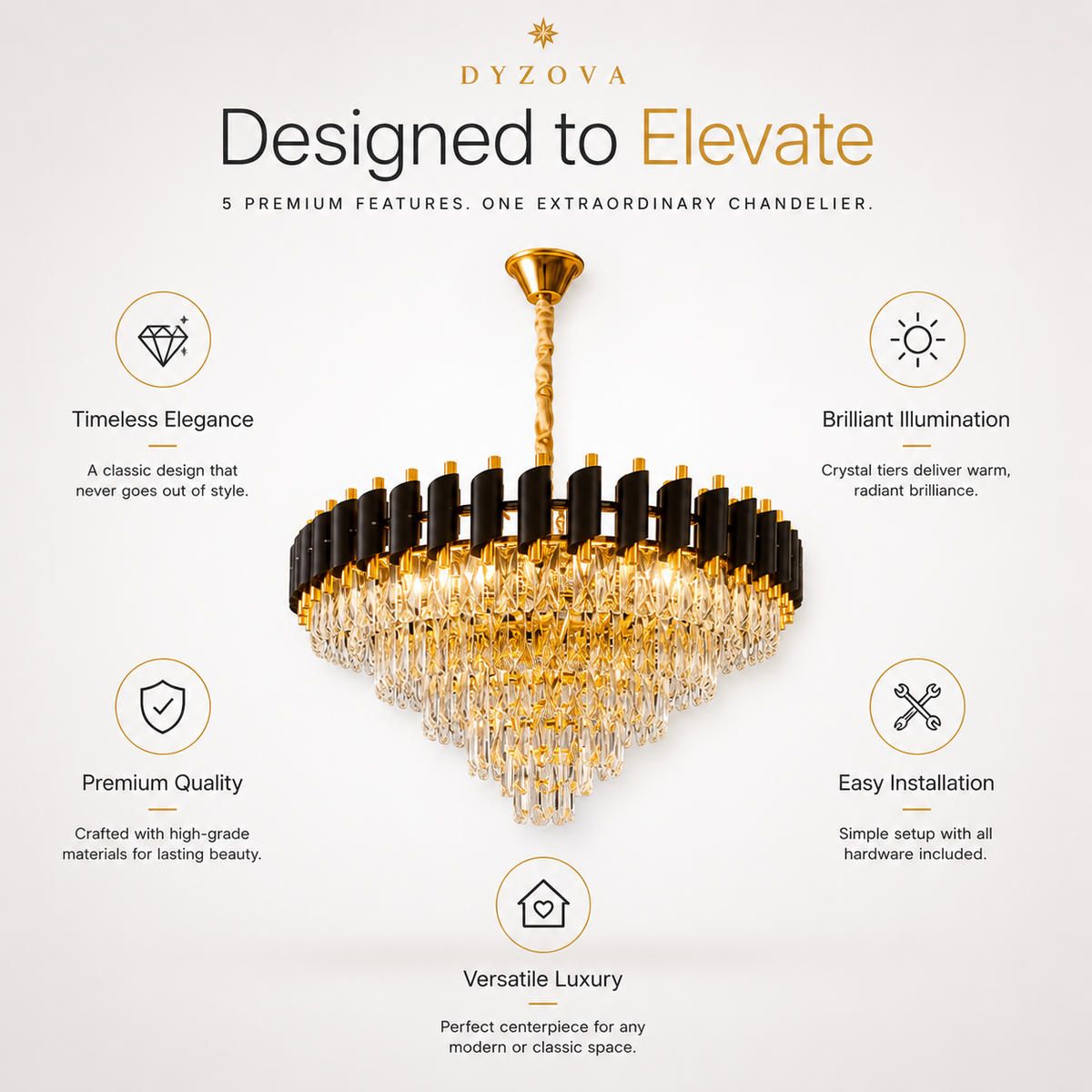 A luxury chandelier by Dyzova, featuring a gold-finished frame, crystal tiers, and black cylindrical accents, presented on a light beige background with feature callouts.