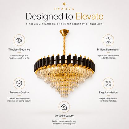A luxury chandelier by Dyzova, featuring a gold-finished frame, crystal tiers, and black cylindrical accents, presented on a light beige background with feature callouts.