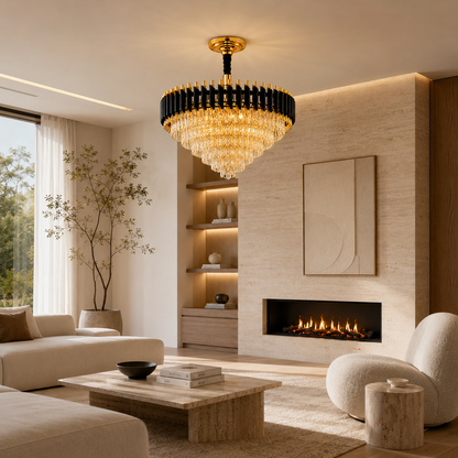 A luxury chandelier with a black circular frame and cascading crystal drops hangs in a modern, warm-toned living room with a fireplace, beige sofa, and stone-textured walls.