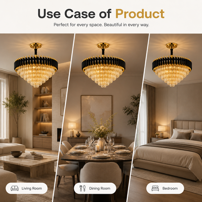 A promotional collage showing a chandelier light fixture in three interior settings: a living room, a dining room, and a bedroom. The top text reads 'Use Case of Product' with smaller copy below.