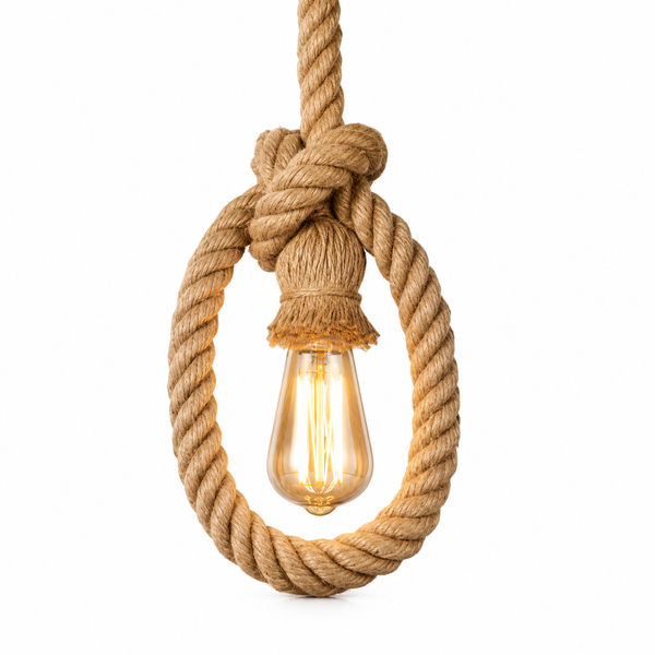 A rustic pendant light made from thick natural jute rope tied in a loop around a clear glass Edison-style light bulb, shown against a plain white background.