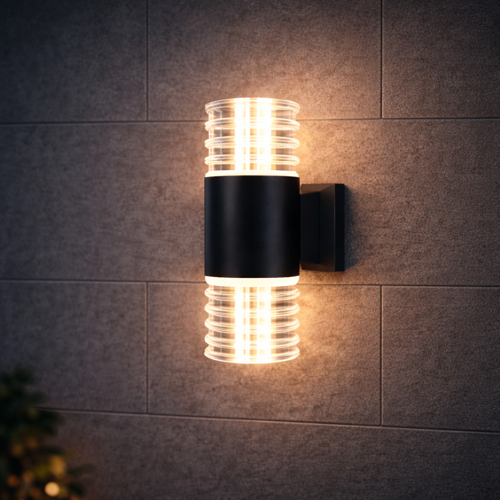 Wall-mounted outdoor light fixture on a tiled wall
