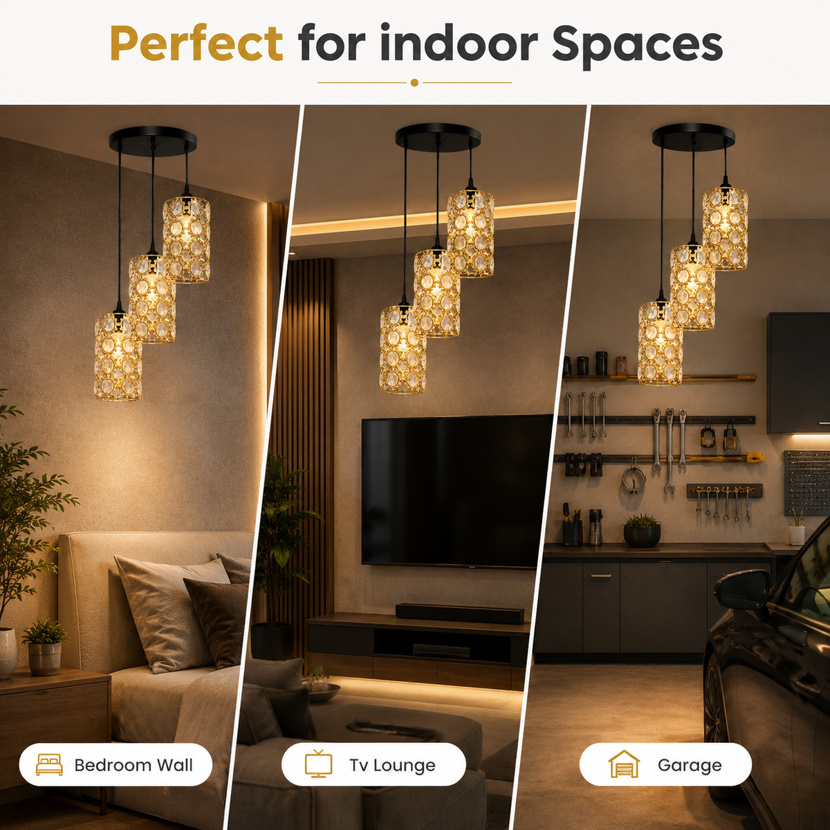 A three-panel promotional graphic showing a multi-light pendant chandelier in different indoor settings: a bedroom wall, a TV lounge, and a garage. The chandelier has four cascading cylindrical glass shades with a textured, warm metallic pattern and black hanging rods.