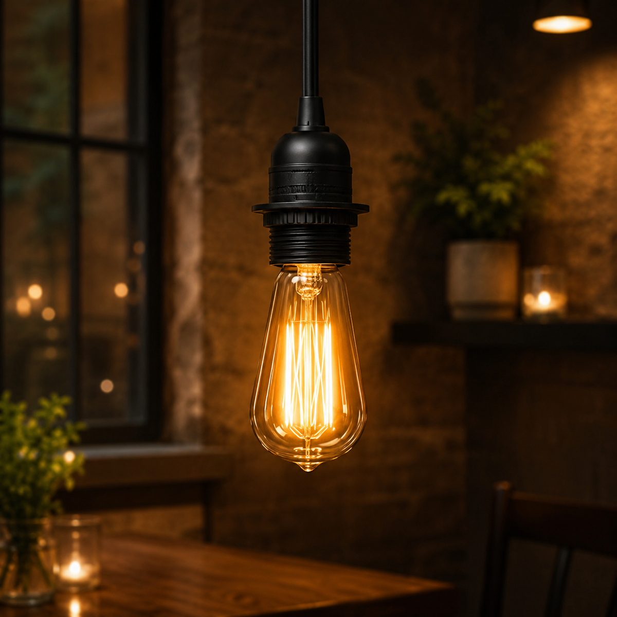 A hanging pendant light with a black metal socket and a glowing warm-toned Edison-style glass bulb, shown in a dimly lit indoor room with a table, plants, and window in the background.