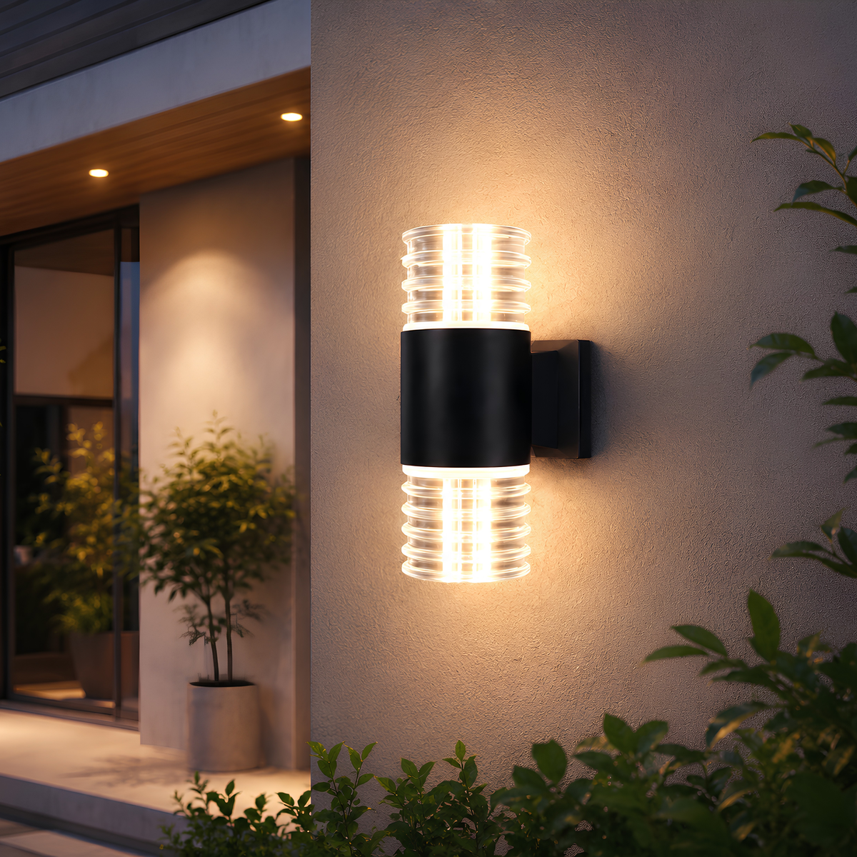 A modern outdoor wall light fixture mounted on a beige stucco wall, featuring a black cylindrical body with ribbed clear glass shades that glow warm white when illuminated. The scene includes a doorway, potted plants, and green foliage at the base.