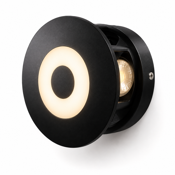 A modern black outdoor wall light fixture with a circular face, featuring a glowing warm white ring and a visible LED bulb inside, set against a plain white background.